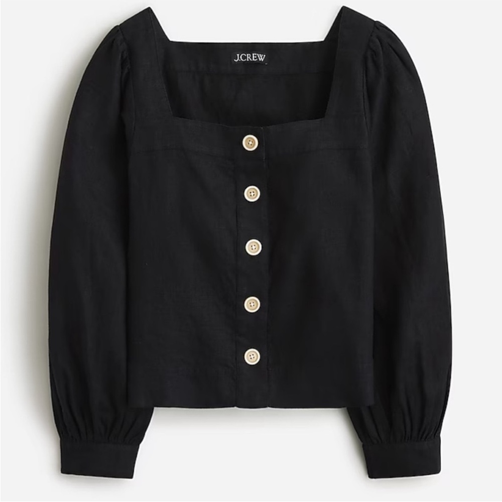 J. Crew Black Square Neck Button-Up Top in Linen